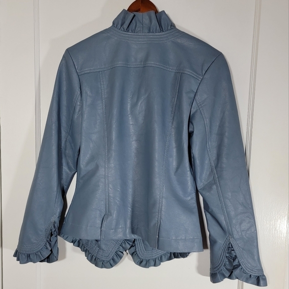 Hot in Hollywood Vegan Blue Faux Leather Jacket Ruffles Size Small - Picture 3 of 16